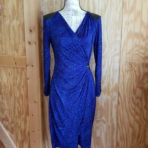 Cache Leopard Blue Ruched Dress Leather Trim